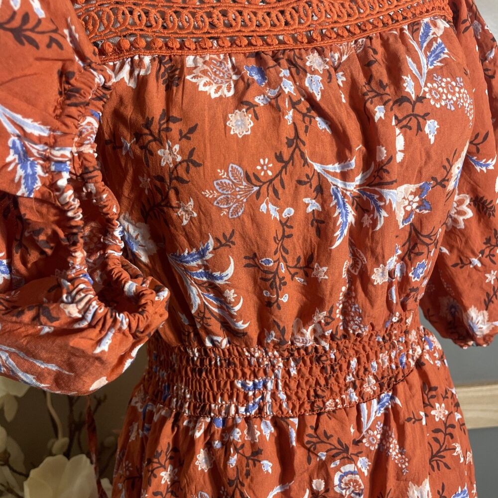 Forever 21 Orange Rust Floral Boho Dress Crochet Neckline Size Medium Short Mini - Picture 3 of 7